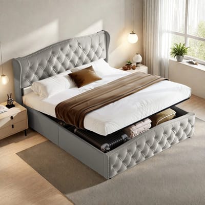 Gestoffeerd Bed 160x200 cm met Lattenbodem,Tweepersoonsbed met Hydraulische Hendel,Opbergbed, gestoffeerd bedframe,fluweel,grijs,Zonder Matras