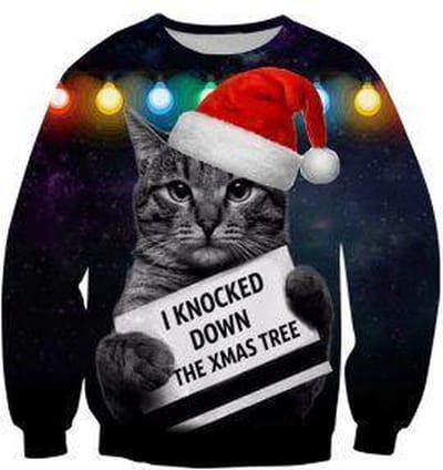 Foute kerstkat met kerstmuts Foute kersttrui - Maat: L - Kerstmis trui - Heren kersttrui - Dames kersttrui - Foute kersttruien - Kerst outfit - Kerstkleding - Lelijke kersttrui - Gekke kersttrui -
