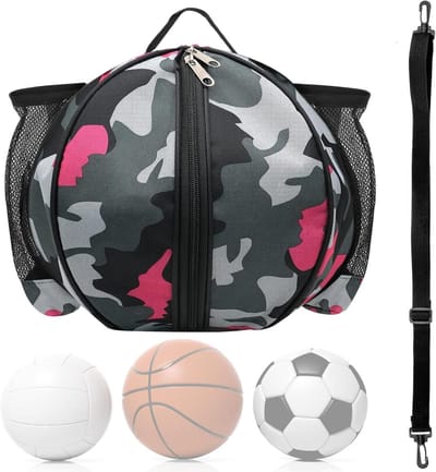 Inovra Plus - Basketbaltas met balnet en ronde schoudertas - rozenrood - geschikt voor basketbal, voetbal en volleybal