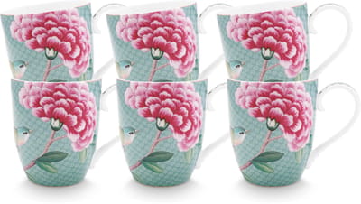 Pip Studio Blushing Birds Mokken - Theemok - Koffiemok met Oor - Servies set van 6 - 365ml