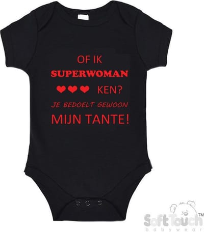 100% katoenen Romper "Of ik Superwoman ken Je bedoelt gewoon mijn tante" Unisex Katoen Zwart/rood Maat 62/68