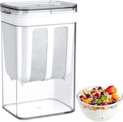 GELLDG Griekse yoghurtfilter - Wei-scheider - Wasbaar met deksel - Herbruikbaar - Roestvrijstalen gaas - Geschikt voor het filteren van sap, melk, yoghurt - 1100 ml