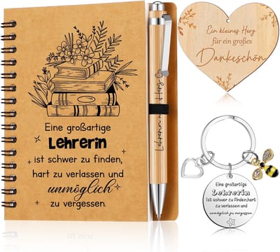 Dailygoods- Spiraalschrift - Set voor leraren - Sleutelhanger - Balpen - Afscheidscadeau - Kraftpapier omslag - Notitieboek