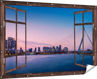 Gards Tuinposter Doorkijk Erasmusbrug in Rotterdam met Zonsondergang - 180x120 cm - Tuindoek - Tuindecoratie - Wanddecoratie buiten - Tuinschilderij