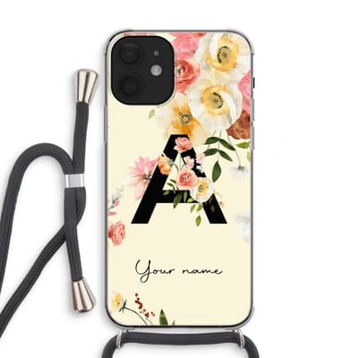 Gepersonaliseerd - Case Company® - Hoesje met koord geschikt voor iPhone 12 mini hoesje met Koord - Flirty Flowers Monogram - Telefoonhoesje met Zwart Koord - Extra Bescherming aan alle Kanten en Over de Schermrand