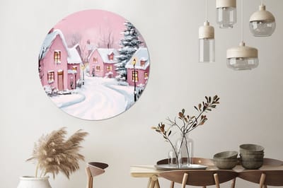 WallCircle - Wandcirkel - Muurcirkel - Kerstdorp - Roze - Winter - Sneeuw - Huizen - Aluminium - Dibond - 140x140 cm - Binnen en Buiten