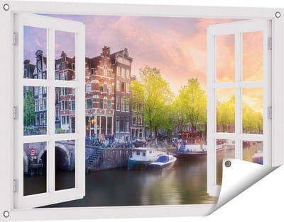 Gards Tuinposter Doorkijk Amsterdamse Grachten - 90x60 cm - Tuindoek - Tuindecoratie - Wanddecoratie buiten - Tuinschilderij