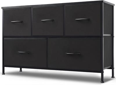 Dressoir / Brede Opbergkast met 5 Stoffen Lades (100 × 30 × 53 cm) – Stevig Metalen Frame – MDF Bovenblad – Industrieel Zwart – Ideaal voor Slaapkamer & Woonkamerkinderkamer HMTM-SC-5D-BK