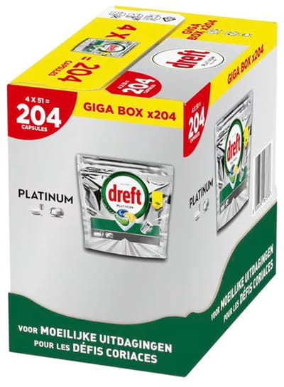 Dreft Platinum All In One - Vaatwastabletten - Citroen - 204 stuks - Voordeelverpakking (4 x 51)