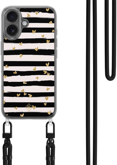 Casimoda® hoesje met zwart koord - Geschikt voor iPhone 17 - Hart Streepjes - Afneembaar koord - TPU/polycarbonaat - Zwart