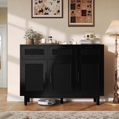 Opbergkast, dressoir, keukenkast met deuren in rotanlook, opbergkast met 3 lades en 3 deuren, boho-stijl, voor eetkamer, woonkamer, slaapkamer, 107,9 x 40 x 80 cm, zwart