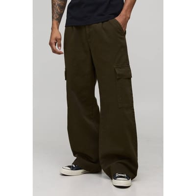 Broek met brede pasvorm, half & half tailleband, cargozakken en gewassen twill | Khaki | Size XL