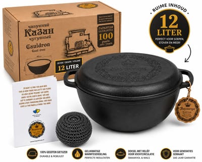MAYSTERNYA Gietijzeren Dutch Oven 12L – Grote BBQ Braadpan voor Buiten Koken & Stoven – PFAS-vrij – Stoer Cadeau voor BBQ Liefhebber – Zwart