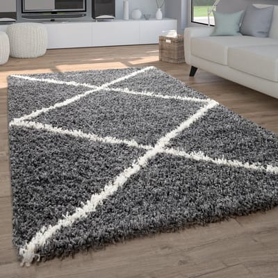Paco Home Hoogpolig Vloerkleed Woonkamer Shaggy Langpolig Scandinavisch Ruit Patroon 140x200 cm