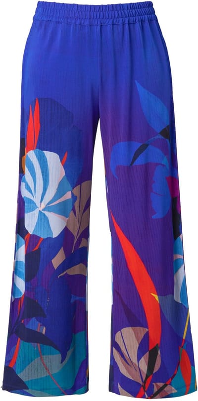 Ulla Popken - Dames - Slinky broek van piqué bloemen wijde pijpen - Kobaltblauw - Maat 50+