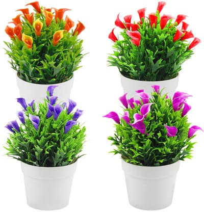 Unyqoos ® Kleurrijke Kunstbloemen Set in Pot voor Binnen- en Buitendecoratie, 4 Stuks, Onderhoudsvriendelijk