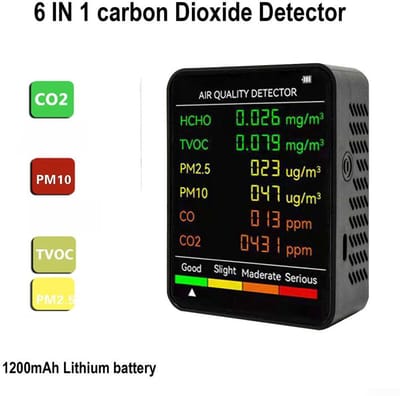 Luchtkwaliteitsmonitor - Koolstofdioxidemonitor - 6 functies - Detecteert PM2.5, PM10, HCHO, TVOC, CO, CO2 - Geschikt voor het monitoren van de binnenlucht van kantoorruimtes, het inspecteren van de lucht in auto's en het monitoren - zwart