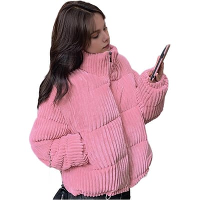 Dames Winterjas Corduroy Puffer Korte Donzen Jas Warme Gewatteerde Katoenen Jas Staande Kraag Bovenkleding voor Dagelijks Leven Werk L