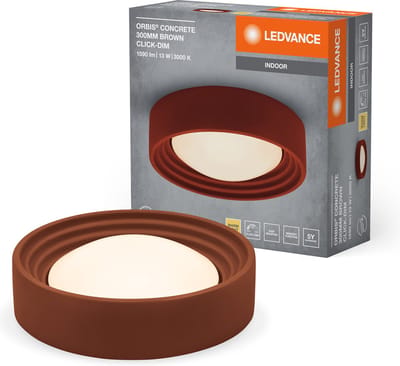 LEDVANCE ORBIS Concrete, bruine betonnen plafondlamp met LED, 13W, 800lm, 3000K vriendelijk warm wit, dimbaar in 3 stappen door te klikken, 300mm diameter, IP20 bescherming, geschikt voor badkamers