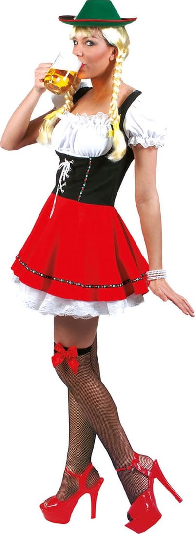 Funny Fashion - Boeren Tirol & Oktoberfest Kostuum - Beate Biergarten Babe - Vrouw - rood,wit / beige - Maat 36-38 - Bierfeest - Verkleedkleding
