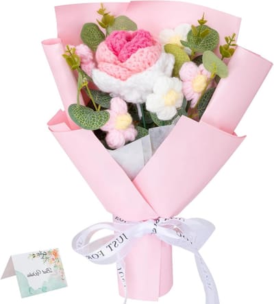 Gehaakt bloemenboeket - Kunstbloemen - Decoratie - Handgemaakt - 28 cm hoog - Roze
