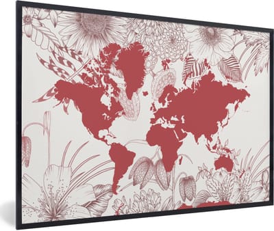 Poster in lijst - Fotolijst 90x60 cm - Posters - Wereldkaart - Roze - Wit - Posterlijst zwart - Decoratie - Wanddecoratie woonkamer - Muurdecoratie slaapkamer
