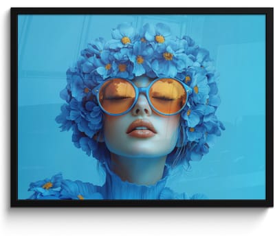 Poster in lijst - Fotolijst 70x50 cm - Posters - Vrouw - Bloem - Blauw - Modern - Bril - Portret - Posterlijst zwart - Decoratie - Wanddecoratie woonkamer - Muurdecoratie slaapkamer