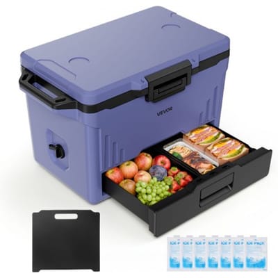 VEVOR 47,32 L passieve koelbox, draagbare geïsoleerde box voor kamperen en buitensporten, lekvrij, houdt 48 uur koel, geïsoleerde koelbox met ijsvak, stevig handvat en aparte droge en natte zones.