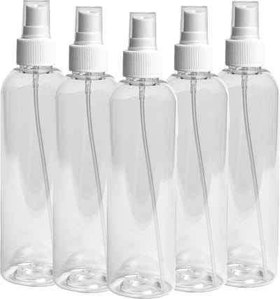 Lege Plastic Fles 250 ml PET Tall Boston 24 - transparant - met Witte verstuiverdop – set van 5 stuks - Navulbaar - leeg