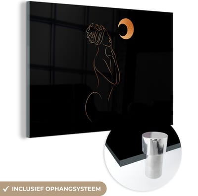 MuchoWow® Glasschilderij 60x40 cm - Schilderij acrylglas - Vrouw - Maan - Goud - Line art - Foto op glas - Schilderijen