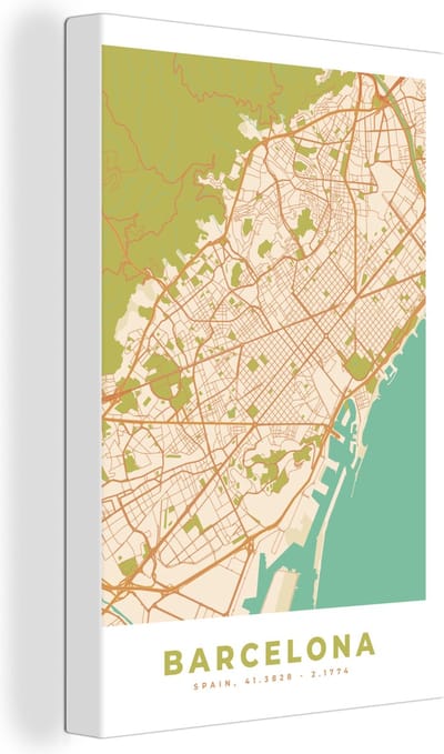 Canvas Schilderij Kaart - Barcelona - Stadskaart - Vintage - Plattegrond - 20x30 cm - Wanddecoratie
