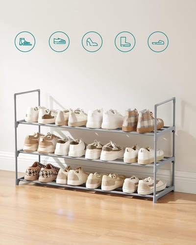 Candala Schoenenrek met 3 niveaus, van metaal, voor 12/15 paar schoenen, stapelbaar, hal, woonkamer, slaapkamer, 30 x 92 x 55 cm, grijs LSA303G01
