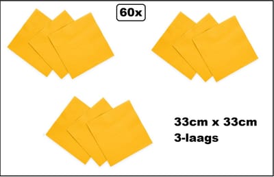 60x Servetten geel 33cm x 33cm - 3 laags - Cocktail servet diner eten knoeien restaurant BBQ thema feest verjaardag feest