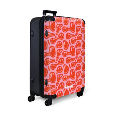 NoBoringSuitcases.com® - Koffer groot - Reiskoffer lichtgewicht - Roze met rode smileys - Rolkoffer met 4 wielen - Grote trolley XL - 98 liter bagage