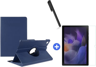 Hoesje Geschikt Voor Samsung Galaxy Tab A8 Hoes 10.5 inch 2021 draaibare hoesje - Donker Blauw + tempered glass screenprotector + stulus pen