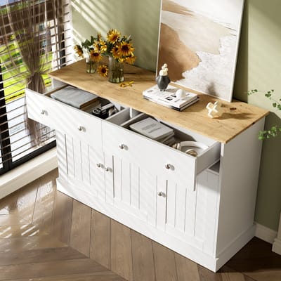 DESMIU Dressoir - Reliëf Fronten Met 3 Deuren En 2 Lades - Veel Opbergruimte Voor Woonkamer En Hal - Spaanplaat - 120x36x80,5 Cm - Wit