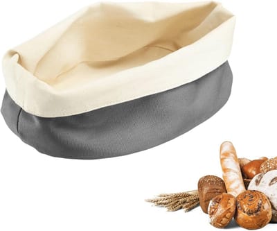 Ovalen Broodzak - Stoffen Broodmand voor Brood, Bolletjes, Gebak & Fruit - Moderne Broodopslag van Katoen - Antraciet/Beige, 25 x 18 cm