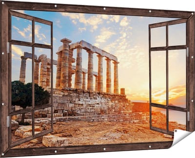 Gards Tuinposter Doorkijk Tempel van Poseidon in Athene, Griekenland - 180x120 cm - Tuindoek - Tuindecoratie - Wanddecoratie buiten - Tuinschilderij
