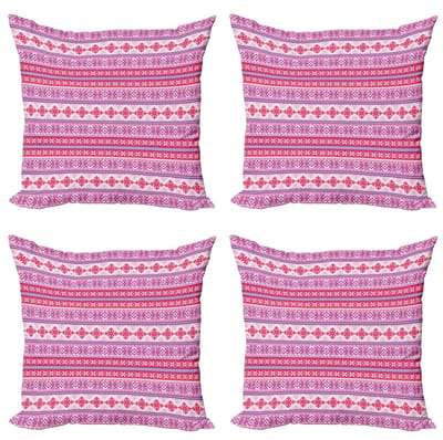 ABAKUHAUS Noordische Kussenhoezen Set 4x 60x60 cm – Dubbelzijdig bedrukt – Paars/Wit/Donker koraal
