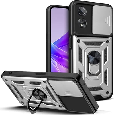 Geschikt voor Oppo A58 / A78 5G - Kickstand Ring - Hoesje met Camera Slider - Grijs