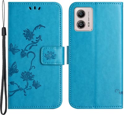 Coverup Hoesje - Geschikt voor Motorola Moto G13 / G23 / G53 Hoesje - Coverup Bloemen & Vlinders Book Case - Blauw