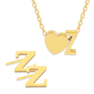 Initiaal Ketting & Oorbellen set met Letter Z Goudkleurig - Stainless Steel - Met letter & Hartje! - 2x Sieraden Cadeau - Pax Amare