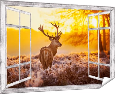 Gards Tuinposter Doorkijk Hert in Bos tijdens de Zonsopkomst - 180x120 cm - Tuindoek - Tuindecoratie - Wanddecoratie buiten - Tuinschilderij