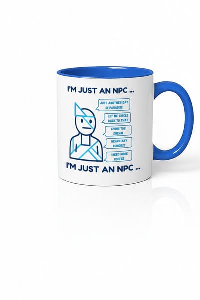 I’m Just an NPC Gamer Mok 330ml – Witte Keramische Koffiemok met Blauwe Oor – Grappig Gaming Quote Cadeau voor Gamers & RPG Fans