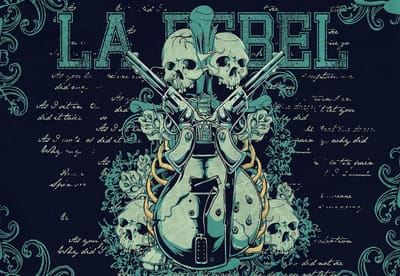 Fotobehang Rock Guitar Skull Guns | XL - 208cm x 146cm | 130g/m2 Vlies