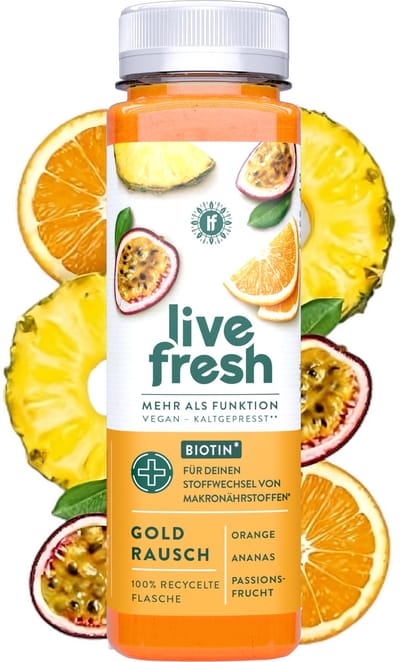 LiveFresh multivitamine sap met biotine – koudgeperst vruchtensap zonder toegevoegde suiker – Gemaakt van sinaasappel, ananas en passievrucht – Gold Rausch – – 6x250ml