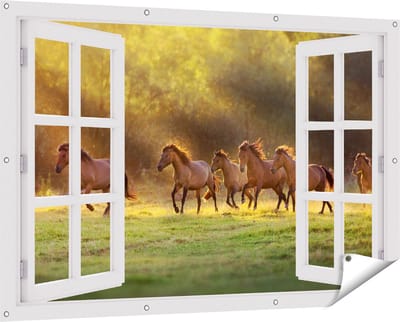 Gards Tuinposter Doorkijk Kudde Bruine Paarden in de Wei - 150x100 cm - Tuindoek - Tuindecoratie - Wanddecoratie buiten - Tuinschilderij
