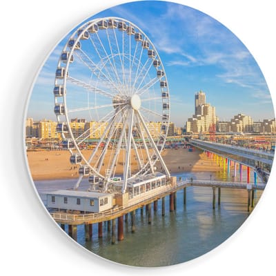 Artaza Forex Muurcirkel Scheveningen Pier met de Ferris Wheel - Reuzenrad - 60x60 cm - Wandbord - Wandcirkel - Rond Schilderij - Wanddecoratie Cirkel