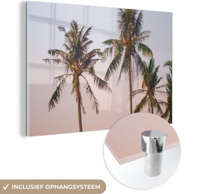 MuchoWow® Glasschilderij 150x100 cm - Schilderij acrylglas - Palmbomen - Zomer - Pastel - Foto op glas - Schilderijen