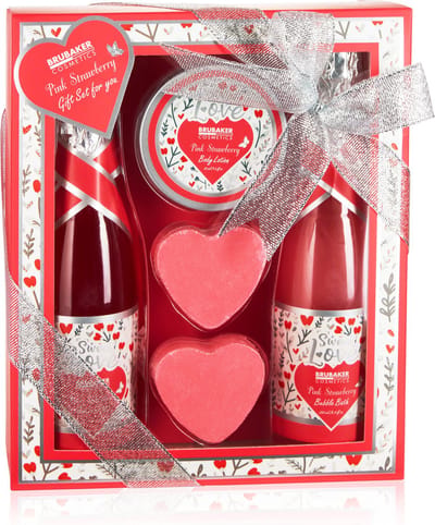 BRUBAKER Cosmetics 5-Delig Bad en Douche Set Aardbei Sweet Love - Cadeautip - Cadeau Idee - Verzorgingsset Cadeau Set met Bloemen Design - Cadeau Idee voor Vrouwen - Roze - Cadeau - Moederdag Cadeautje